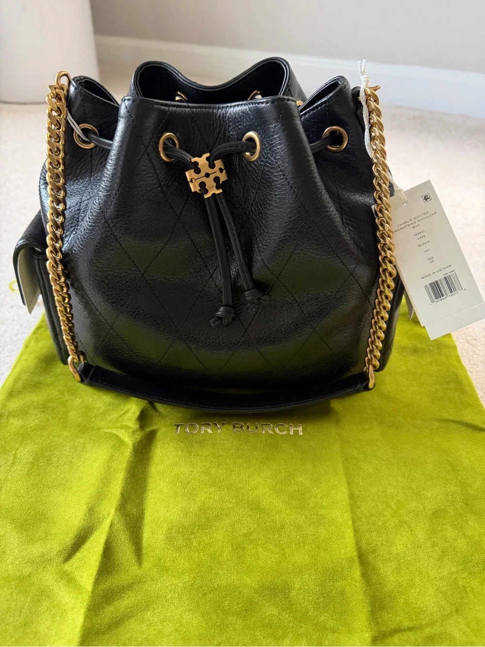 NWT Tory Burch Black Charlie Drawstring Bag